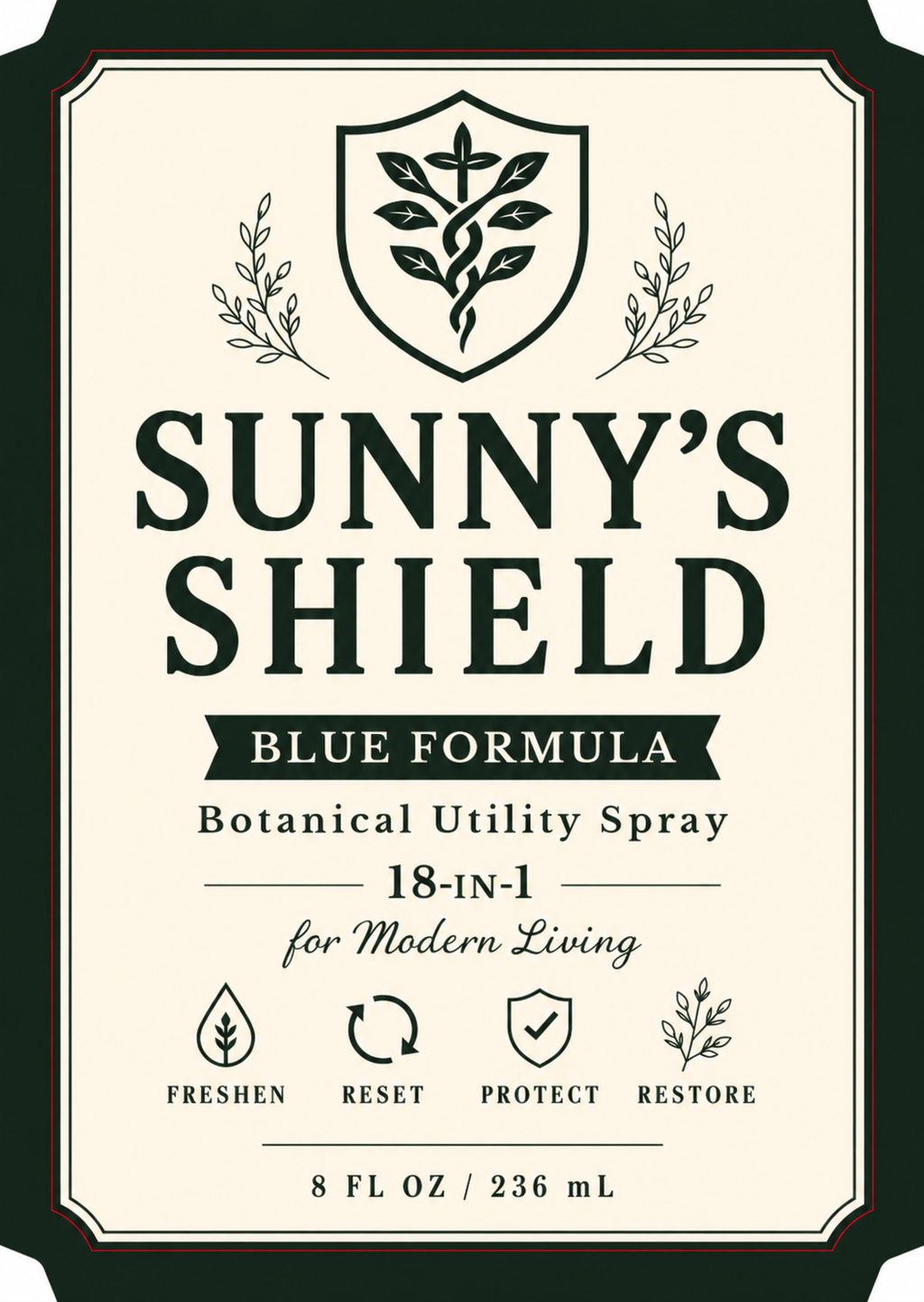 Sunny's Shield Blue Formula botanical utility spray label, 8 fl oz (236 mL)