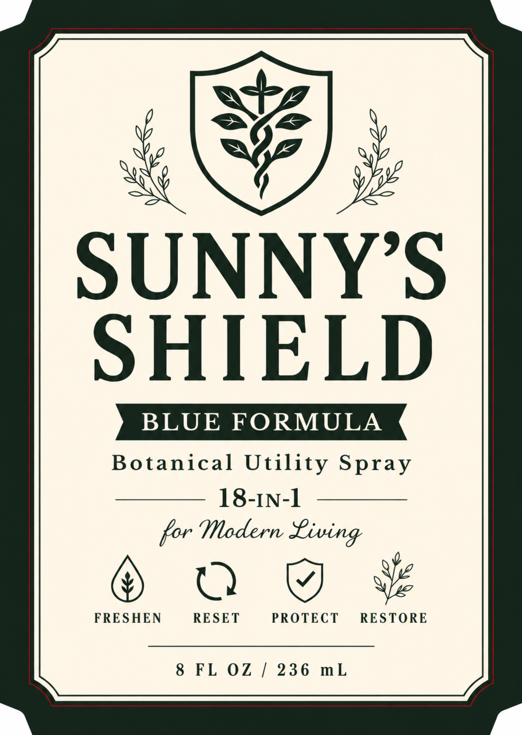 Sunny's Shield Blue Formula botanical utility spray label, 8 fl oz (236 mL)