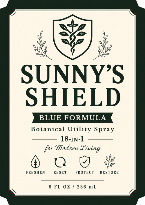 Sunny's Shield Blue Formula botanical utility spray label, 8 fl oz (236 mL)